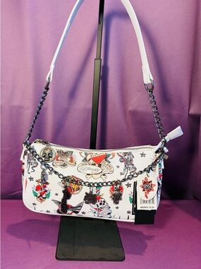 Ed Hardy White Tattoo-Print Purse/Shoulder Bag with Charm Chain